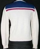 Size 6 Ski Sweater - Cool Retro Snowflake Motif Pullover - Winter Modernist 1980s Scandinavian Look - White Blue Purple - Bust 33 - 33497