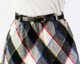 Size 8 Plaid Skirt - 1980s Retro Preppy Style - 50s Look - Black Red Blue White Bias Cut Faux Wool 80s Skirt & Original Belt - Waist to 28
