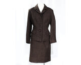 Size 8 50s Tweed Suit - Dark Brown Pinstriped 1950s 60s Tailored Jacket & Skirt - Gorgeous Forest Green Stripe and Satin Lining - Waist 27