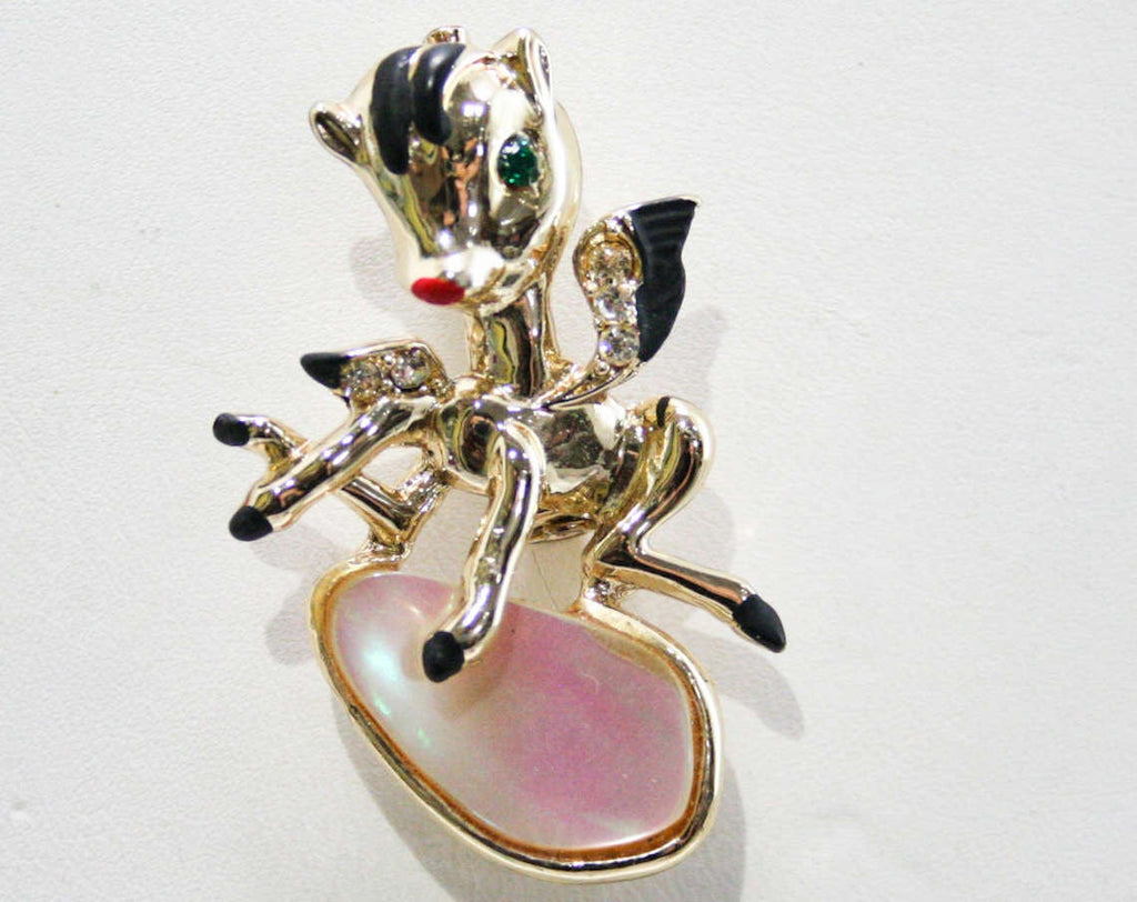 Baby Pegasus Pin - Darling 1950s Novelty Brooch - Flying Over A Cloud - Hand Painted - Shell - Rhinestone - Winged Horse - 50s - 42688