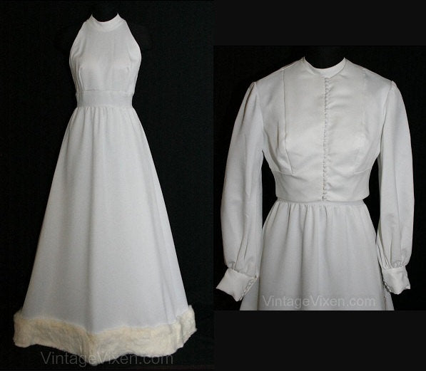Size 8 Winter Wedding Dress - Gorgeous 1960s Sleeveless Bridal Gown & Jacket with Posh Fur Trim - Bust 36 Waist 28 - Mod Bridal - 25841