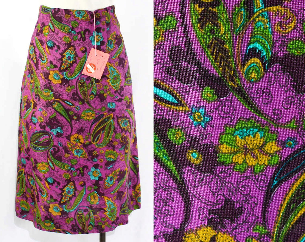Size 0 Skirt - XXS 1960s Purple Paisley Summer Skirt - Linen Look Rayon - 60s Turquoise Blue, Olive Green, Mustard Preppy Office - Waist 22