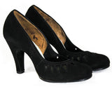 Size 5 1940s Black Suede Shoes - Unworn 40s Pin Up Girl High Heels with Jagged Sawtooth Cutouts - Round Toe - Beautiful WWII NOS Deadstock