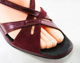 Size 7 Deco Style 70s Sandals - Two Tone Metallic Burgundy Purple Red & Suede 1970s Shoes - Deadstock - Peep Toe - Flapper Style - 43207-1