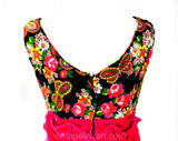 Size 6 Paisley Butterfly Maxi Dress - Bohemian 70s Sleeveless Ankle Length Gown - Black Green Pink Orange Psychedelic with Velvet - Bust 35
