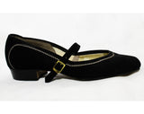 Size 5 Black Mary Jane Shoes - 1950s Suede Rounded Toe Strap with White Stitching - 5B 50's Swing Style Deadstock - Stacked Wooden Heels