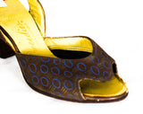 Size 4 Art Deco Shoes - Unworn 1940s Brown & Blue Low Heels with Metallic Gold Print - 40s Small Size Pumps - Two-Tone Leather - Deadstock