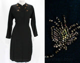 Size 8 1940s Dress - New Look Black Wool 40s 50s - Long Sleeve Fall Autumn Dress with Copper Beading - Beaded Flowers - Waist 28