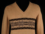Men's Small Ski Sweater - 60s Camel Tan & Gray Lambswool 1960s Mens V Neck Pullover - Beige Fair Isle Pattern - XS - Chest 36 - 33810-1