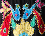 XL 1980s Bohemian Skirt - Black Boho Hippie Plus Size with Vivid Appliques Sequins & Mirrors - 80s 90s Fiesta - Size 20 22 - Waist up to 42