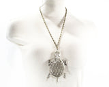 Turtle Pendant Necklace - 1970s Large Animal Novelty Jewelry - Cute Aquatic Reptile - Flexible Moving Parts - 70s Silver Hue Metal - 50639