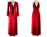 Size 2 Red 1970s Halter Dress with Boho Hippie Medallion Jacket - Small Sexy 70s Boho Festival - See Through Lace - Witchy Sleeves - Bust 32