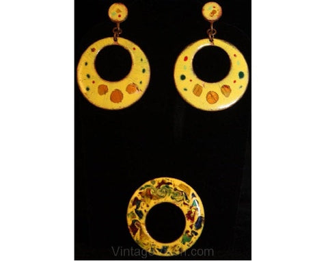 Modernist 1960s Yellow Enamel Earrings & Pin - Summer Beatnik Jewelry Set - 60s Enameled Metal - Hand Made - Mod Go Go Girl 60's Demi Parure