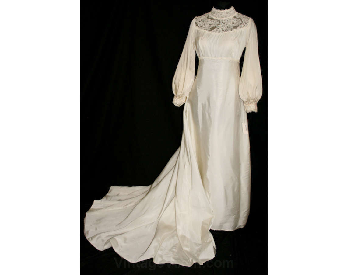 1960s Empire Satin Bridal Gown with Beautiful 4-Ft Detachable Train - Vintage Vixen Clothing 1960s Empire Satin Bridal Gown with Beautiful 4-Ft Detachable Train - Vintage Vixen Clothing