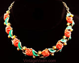 Coral Pink Roses 50s Necklace - Sweet Feminine Spring Summer 1950s 60s Molded Plastic Flowers Jewelry - Jade Green Leaves & Silver Metal