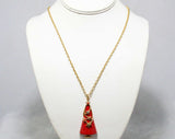 60s Modern Christmas Tree Necklace Pendant & Chain - Celestial Rhinestone Stars - 1960s Art Company - Red Holiday Jewelry - Enamel Metal