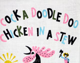 1950s Rooster Dish Towel - 50s Chicken Novelty Print Farm Scene Kitchen Linens - Terrific Pink Blue Green Screen Print - Cow Fence Bird Barn
