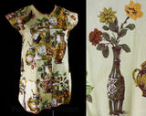 Size 14 Housewife Smock Apron - Kitchen Still Life - Floral Arrangement Novelty Print - Large 60s Sleeveless Casual - Deadstock - Bust 42