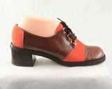 Size 6.5 Funkytown Shoes - 1960s Burnt Orange Suede Color Block Oxford Pumps - Rust Brown Wet Look Vinyl - Two Tone Lace Up - Faded - 6 1/2M