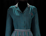 Size 10 Designer Dress Set - 1970s Serge Nancel - Aqua Blue Sporting Gentlemen Novelty Print - Long Sleeve Shirt & Skirt - Waist 28 - 47411