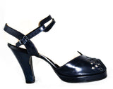 Size 5 1940s Peep Toe Shoes - Open Toe Navy Blue Leather Heels with Ribbon Candy Eyelet Cutwork - 40's Pin Up Pumps - 40s NOS Deadstock