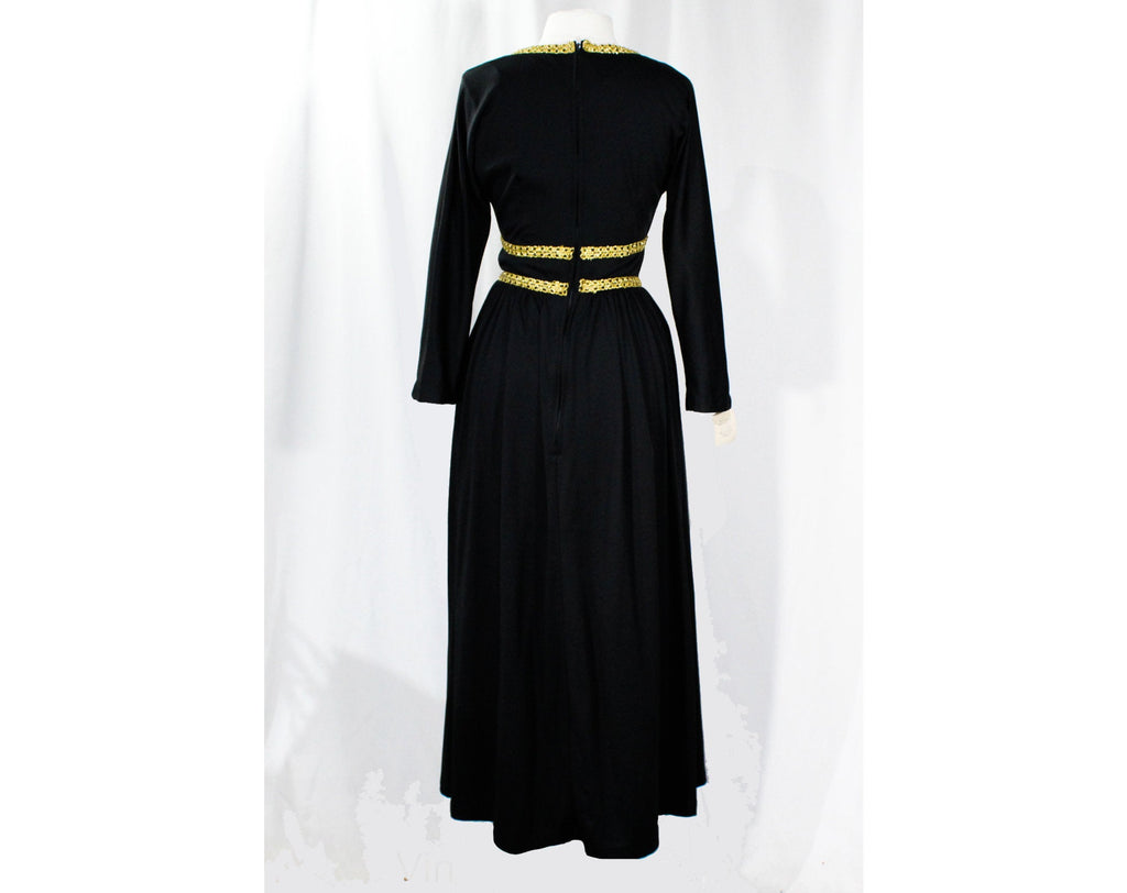 Size 8 Black Evening Dress with Gold Braid - Gypsy Goddess 60s 70s Ank Vintage Vixen Clothing Size 8 Black Evening Dress with Gold Braid - Gypsy Goddess 60s 70s Ank Vintage Vixen Clothing
