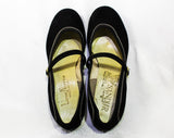 Size 5 Black Mary Jane Shoes - 1950s Suede Rounded Toe Strap with White Stitching - 5B 50's Swing Style Deadstock - Stacked Wooden Heels
