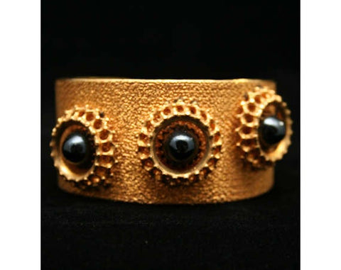 Bold 1950s Brass Cuff Bracelet with Marcasite Studs - Summer - Goldtone - 1950s - Steel Gray - Bold - Rockabilly - Deadstock - 40151-1