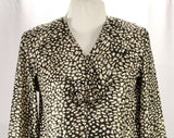 Size 10 Valentino Blouse - 1980s Metallic Gold Animal Print Long Sleeved Shirt - Lightweight 80s Designer Medium Ruffle Neck Top - Bust 41
