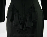 Size 8 Black Cocktail Dress - 1940s Inspired Strappy Dress with Sexy Peplum Style Ruffle - Bolero Jacket - Military Fringe & Braid - Bust 35