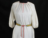 Size 8 Peasant Dress - Bohemian Chic 1980s Ivory Silk Tunic & Knotted Macrame Belt - Coral Pink Green Yellow - 80s Casual - Bust up to 48