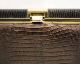 1950s Reptile Purse - Dark Brown Leather Handbag - Classic 50s 60s Bag - Goldtone Metal Hardware - Top Handle Bag - Near Mint! - 38906