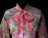 Size 10 Pink Roses Floral Blouse - 1960s Tailored Shirt with Pussycat Bow - Long Sleeved 60s Office Top - Sheer Pink & White Voile - Bust 38