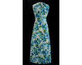 Size 10 Blue Floral 70s Sun Dress - 1970s Sleeveless Maxi Long Gown - Wash & Wear Sateen - Summer Daisy Flowers - Ankle Length - Bust 37
