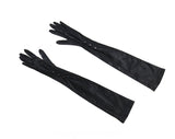 Long Black Gloves - Victorian Inspired Satin Stretch Knit Gloves - To The Elbow Opera Length 1950s - Deco Antique Glass Buttons At Wrist