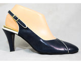 Size 8 Navy Blue Shoes - Never Worn 1980s Career Woman Heels - Late 70s Early 80s Slingback - White Chevron Toe - Hush Puppies NOS Deadstock