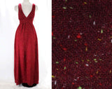 Size 8 Tweed Dress - 1970s Maroon Flecked Jumper - Sleeveless Bodice - V Neck - Racer Back - Cute Fall Style Long Maxi - 70s NWT Deadstock