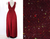 Size 10 Tweed Dress - 1970s Maroon Flecked Jumper - Sleeveless Bodice - V Neck - Racer Back - Cute Fall Style Long Maxi - 70s Deadstock