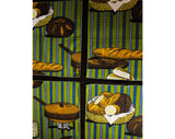 Set 6 Fondue Party Cloth Napkins - 1960s 70s Novelty Print Cotton - Fondue Pot & Fork - Cheese and Bread - Avocado Green Blue Brown - 49859