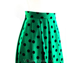 Size 6 Green Polka Dot Skirt - Emerald Jade & Black Silky Crepe - Matching Sash Scarf - 1980s Spring Pleated Pretty Office Wear - Waist 26