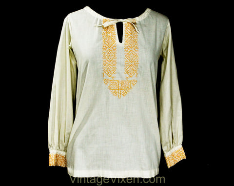 Size 8 1970s Hippie Shirt with Orange Embroidery - Ladies Medium Neutral Cotton 60s 70s Casual Top - Preppy Label Gordon Peters - Bust 37