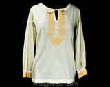 Size 8 1970s Hippie Shirt with Orange Embroidery - Ladies Medium Neutral Cotton 60s 70s Casual Top - Preppy Label Gordon Peters - Bust 36