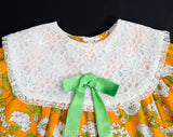 Girl's Size 5T Dress - 1960s Orange Floral Girls Summer Frock - Childs 60s Mod Style with Green Botanical Cotton Print - Puffed Sleeves
