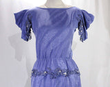 Size 8 Designer Dress with Special Details - Periwinkle Indigo Purple Silk Brocade - Leafy Appliques & Hand Beading - Swag Skirt - Bust 36
