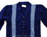 Teen Boy 1950s Cardigan - 50s 60s Navy Button Front Sweater - Dark & Sky Blue Racing Stripes - V Neck Old School Knit Top - Chest 32 - NWT