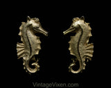 1950s Seahorse Pin - Sea Horse Brooch & Earrings - Gold Hue Metal - Aquatic Ocean Novelty Animal Theme - 50s 60s Goldtone - 50585