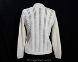 Size 12 Cream Wool Cardigan with Pastel Flowers - 60s Large Button Front Sweater - Ivory Ecru Cable Knit - Pink Yellow Green Blue Embroidery