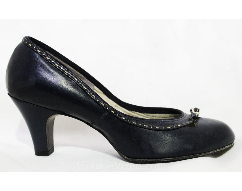 Size 6 1940s Navy Heels - Dark Blue 40s 50s Shoes - Round Toe & Buckled Bow - Sexy Pin Up Girl Next Door - 1950s Swing Era Leather Deadstock