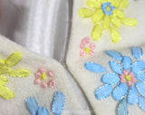Size 12 Cardigan - Large 1960s White Sweater with Pastel Ribbon Embroidery - Spring 60s Pink Yellow Blue Flowers & French Knots - Bust 39
