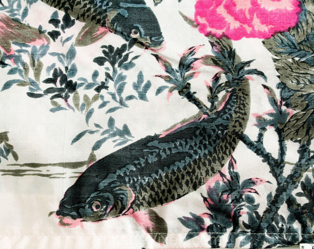 Asian Koi Fish Pillow Case - 60s 70s Thai Silk Novelty Print - Tropical Botanical Pink & Blue Gray - Square 16" Decorator Pillowcase Cover